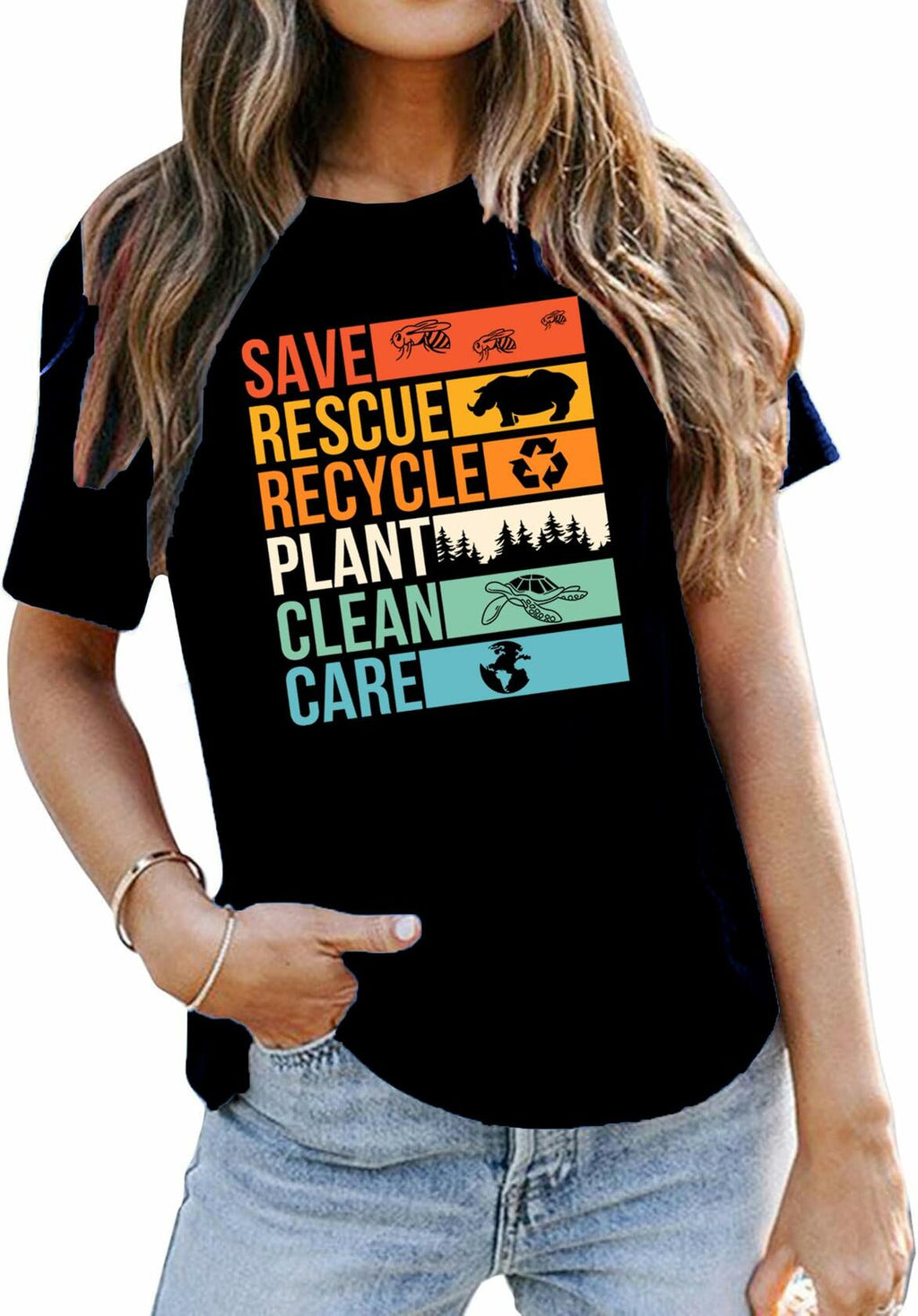 Earth Day Shirts Women Save Planet Bee Graphic T-Shirt Black Size S