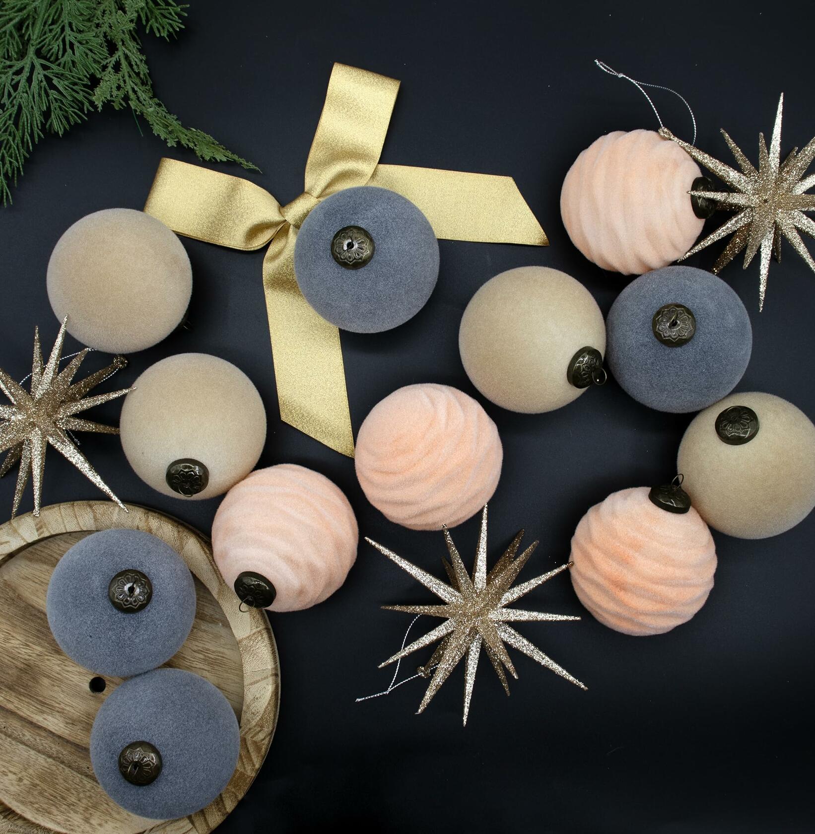 12PCS Velvet Christmas Ball Ornaments 3.15"Handmade Flocked Shatterproof