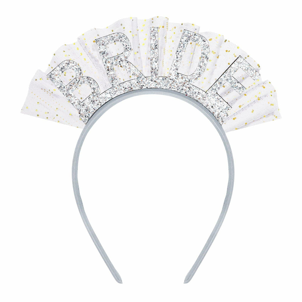 BAHABY Silver Glitter Bride Headband with Short Veil Bridal Shower Wedding