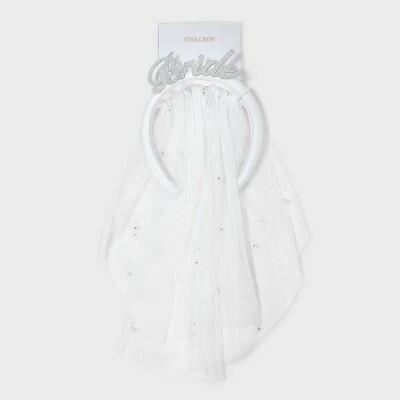 Bride Headband with Veil White Wedding Bridal Hair Accessory