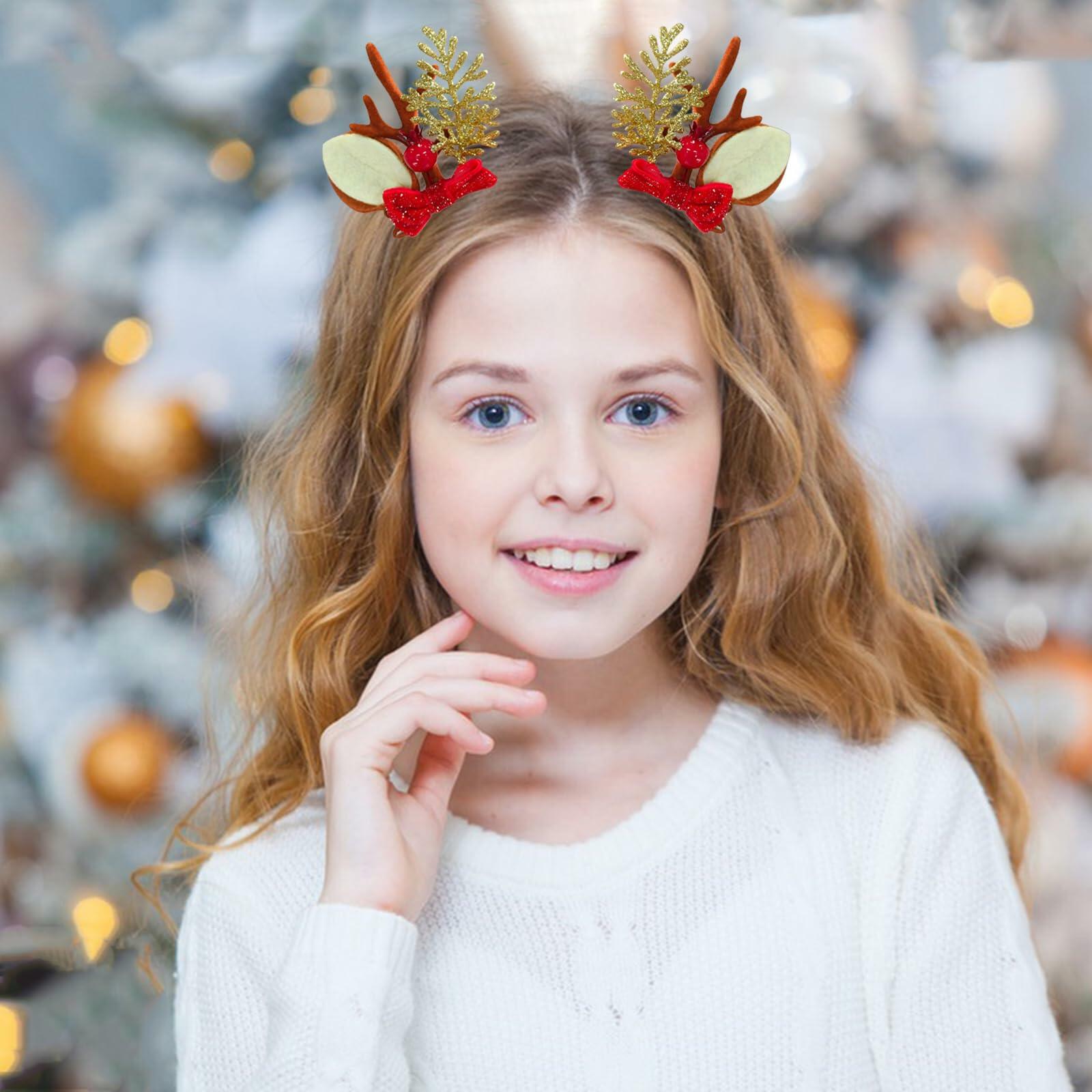 [Like New] Christmas Bow Hair Clips for Girls Red Gold Antler Design 2PCS