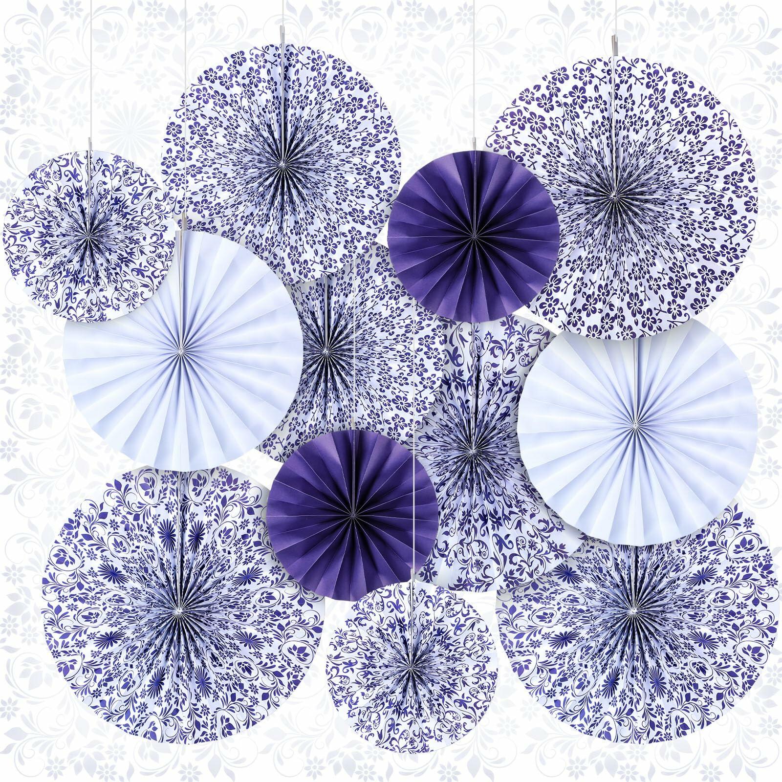 Wonderjune Chinoiserie Hanging Paper Fans Blue White 12 Pcs Party Decor