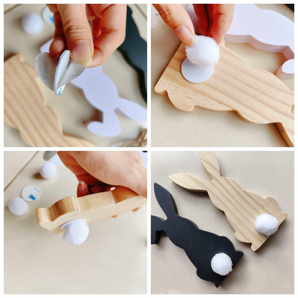 Hryxic 3 Pcs Easter Bunny Wooden Decorations Table Centerpiece White Black