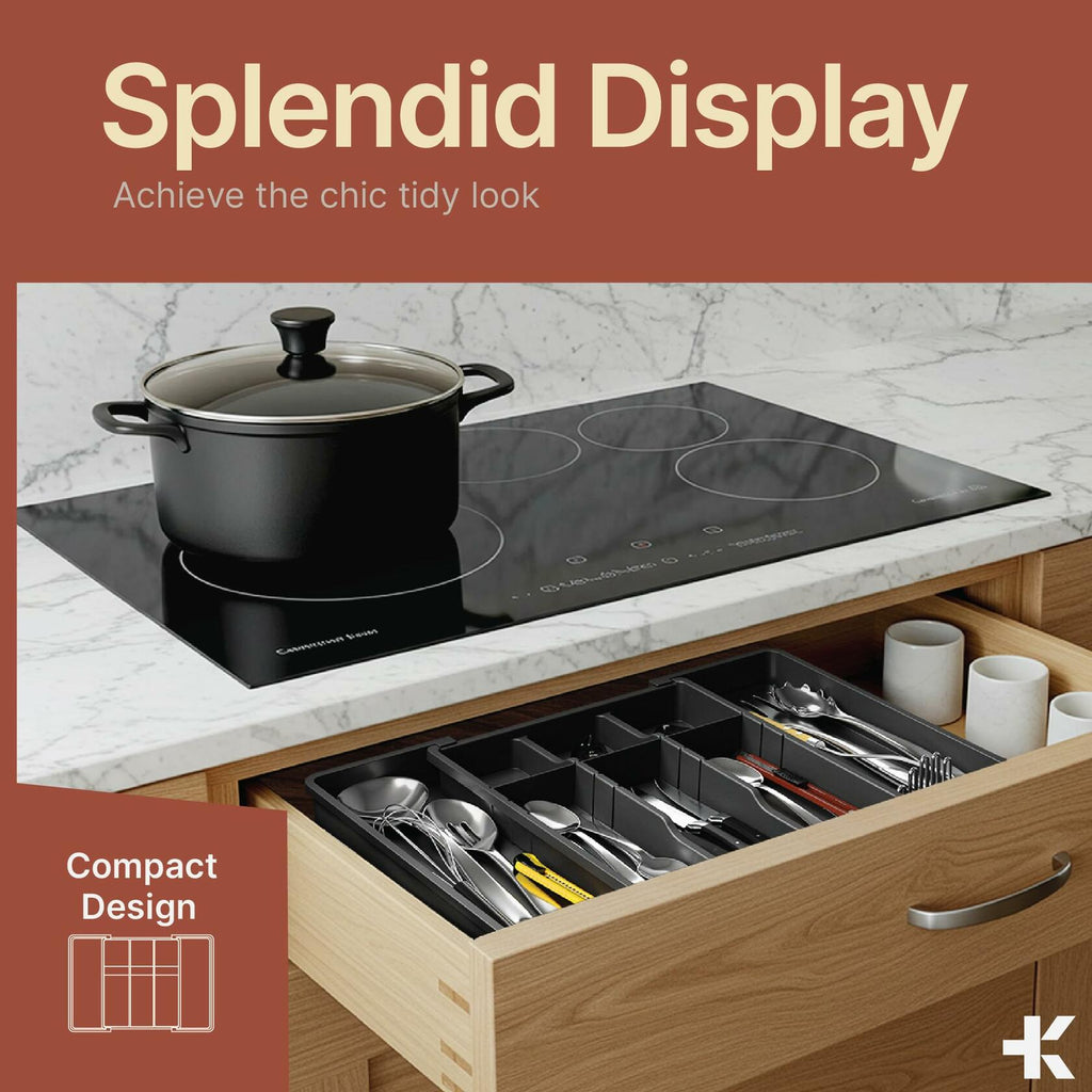 BAKKENMASTER Expandable Utensil Drawer Organizer 13-22.4" Black 5 Compartment