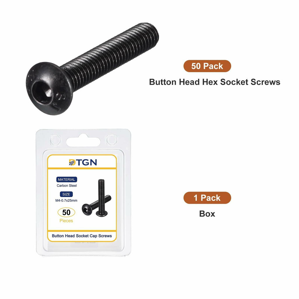 DTGN M4-0.7x25mm Button Head Socket Cap Screws 50pcs Black Carbon Steel Hex
