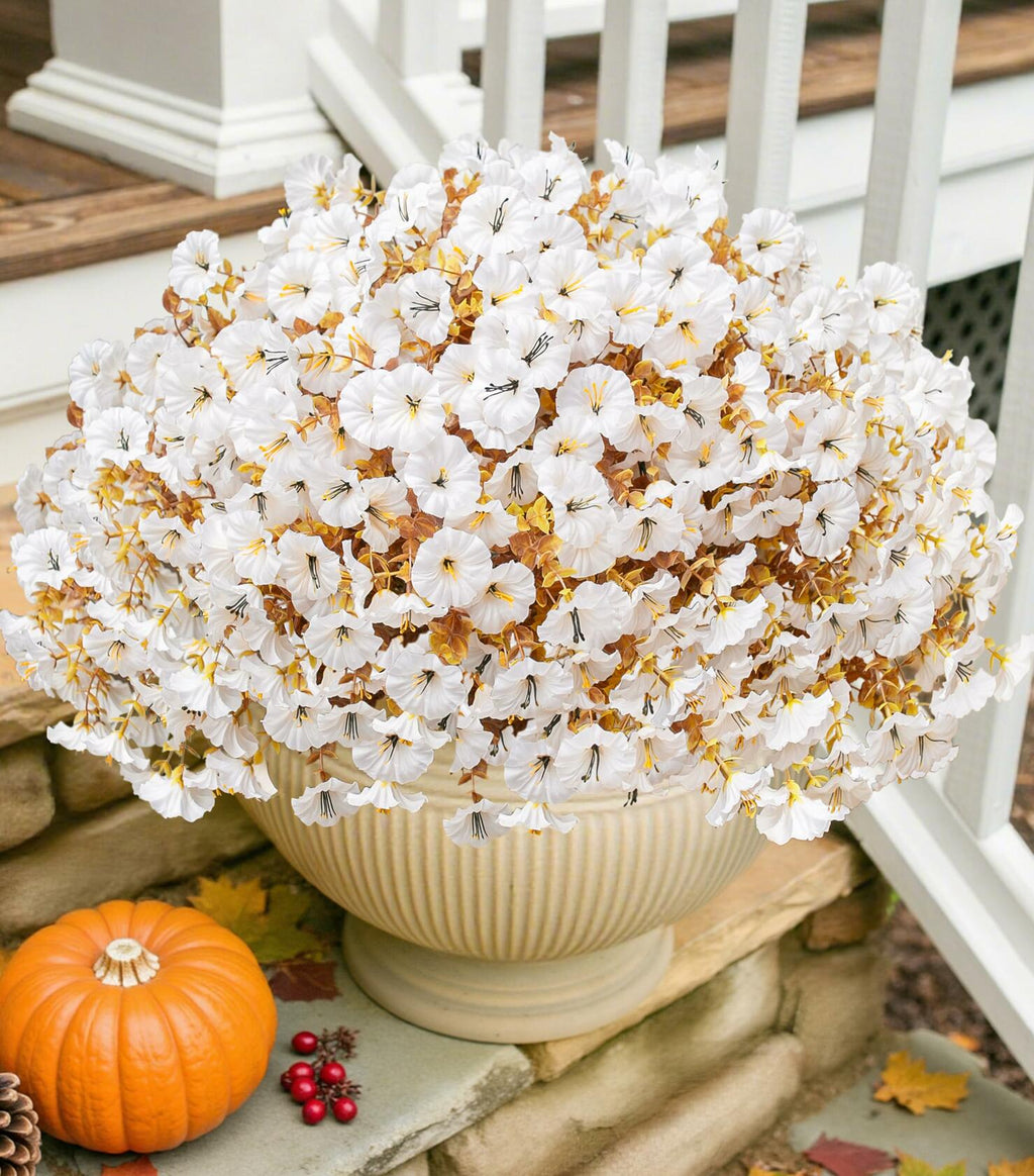 HyeFlora Fake Mums Artificial Fall Flowers 12 Bundles White Silk Morning Glory
