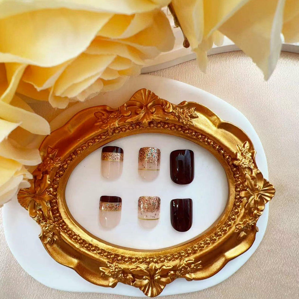 Brown Press On Nails Short Square Glitter Nude Brown Full Cover 24 Pcs