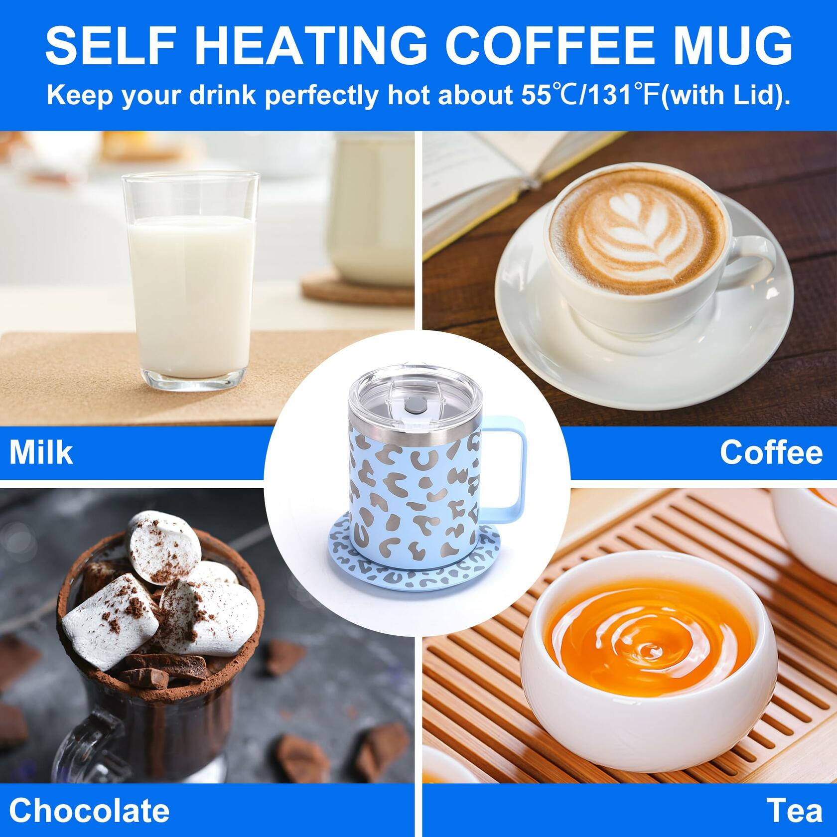 DEQIANG Heated Coffee Mug 12oz USB Powered 304 Stainless Steel Black Leopard