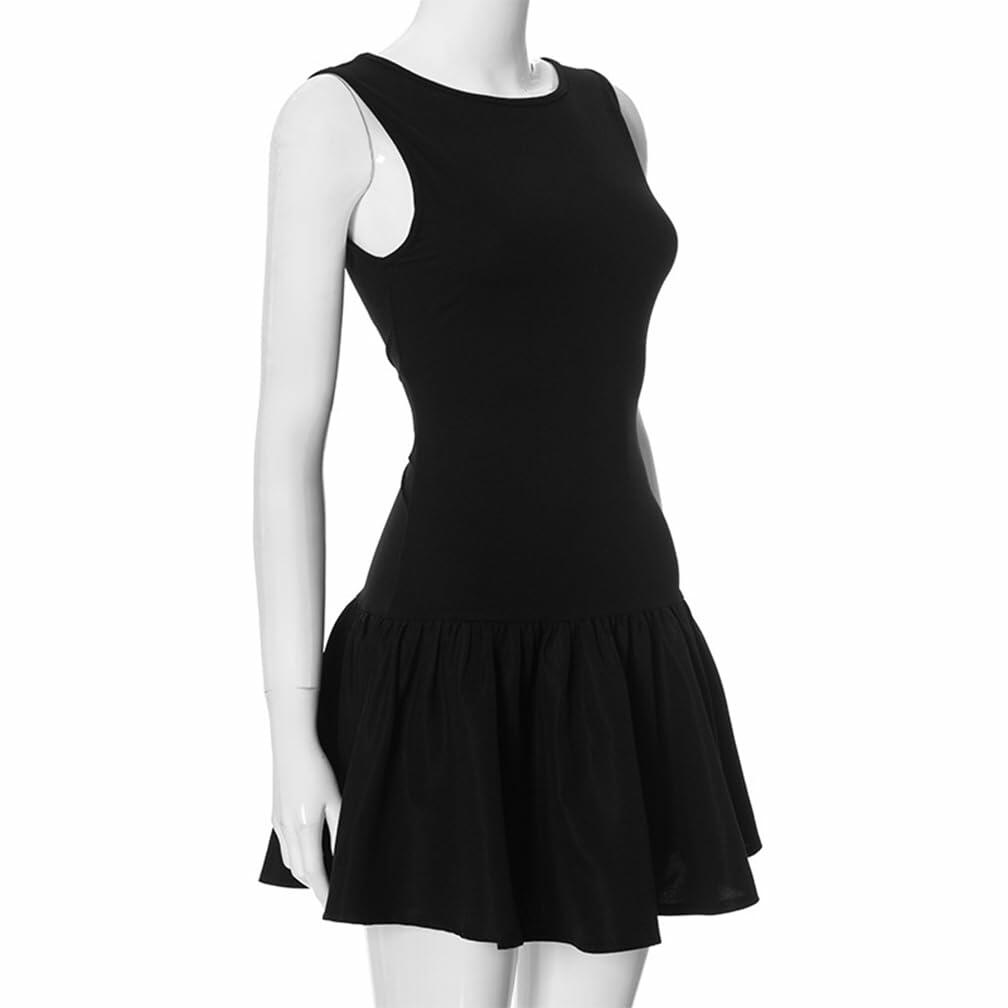 FWSAM Women Sleeveless Mini Dress Crew Neck Ruffle Hem Black Size L