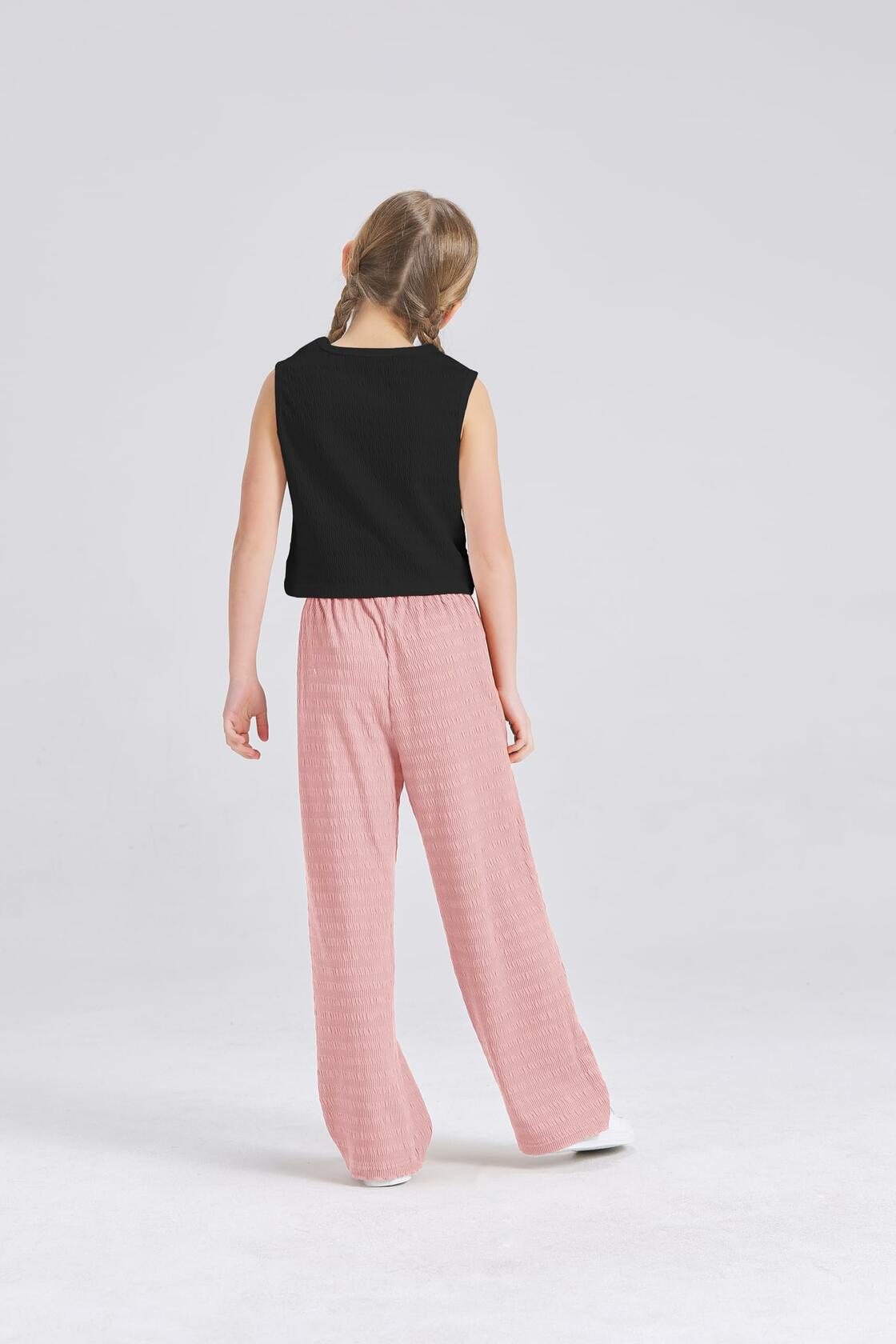 Handfrog Girls 2PC Tie Knot Crop Top & Wide Leg Pants Set Pink Black Size 12-13Y