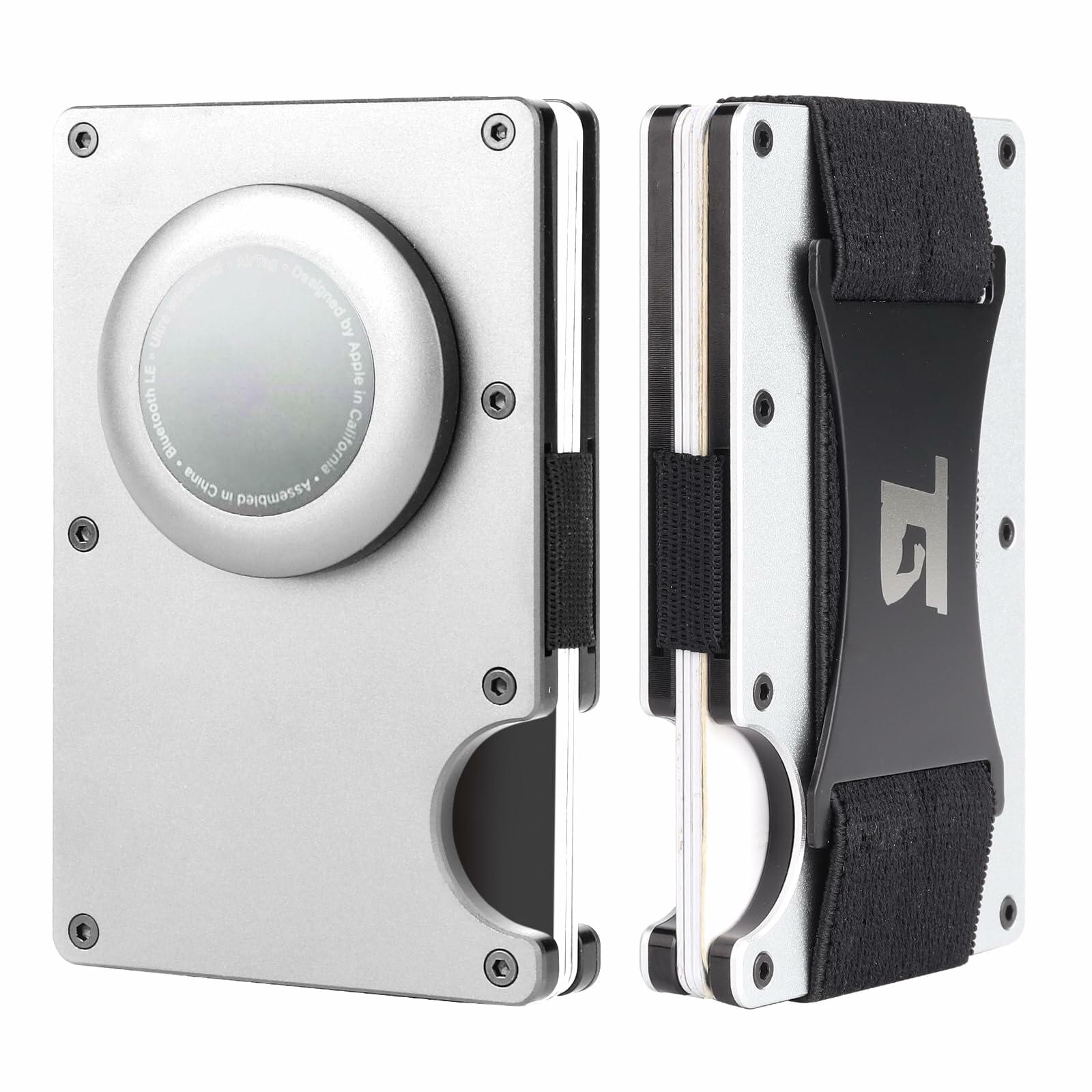 Team Gainz Mens Metal Wallet RFID Blocking Airtag Holder Silver W/ Strap