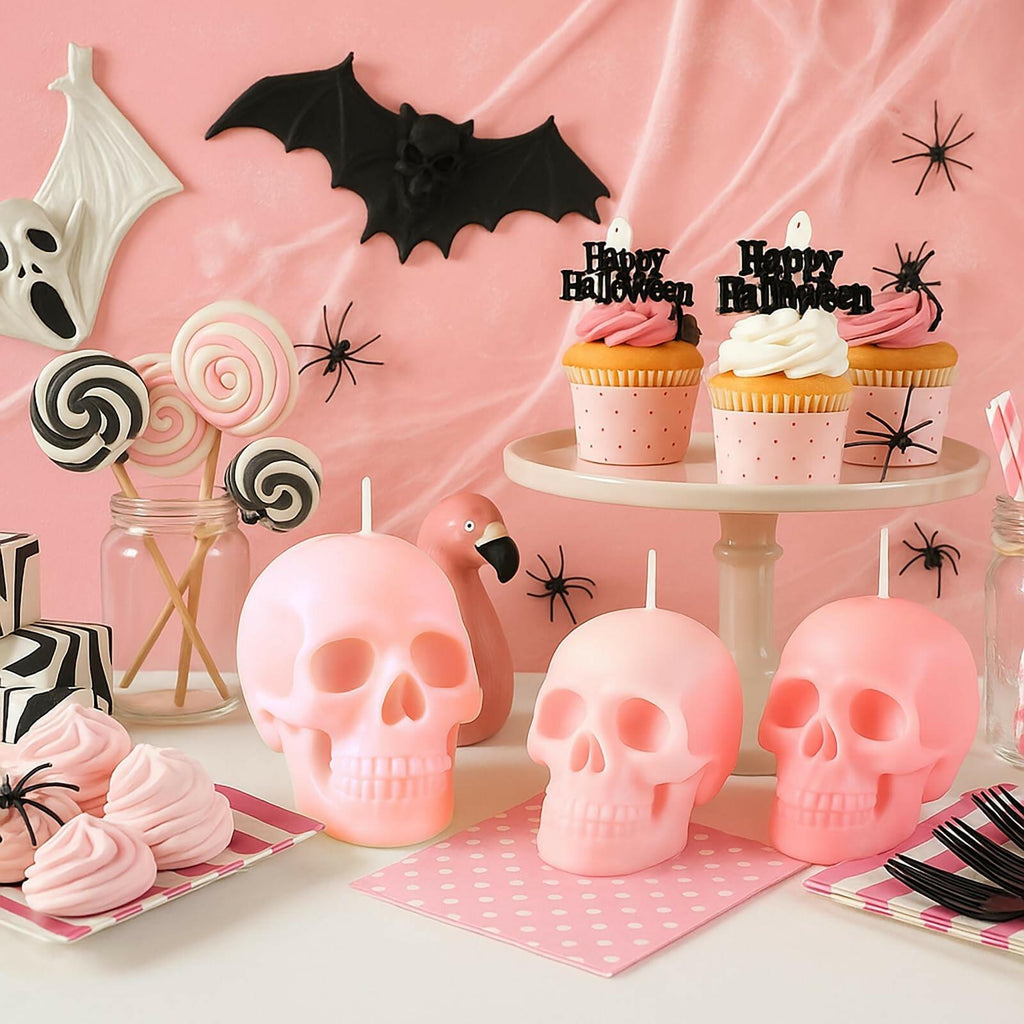 Nuanchu Halloween Skull Candles 6 Pack Large Light Pink Pastel Paraffin Wax
