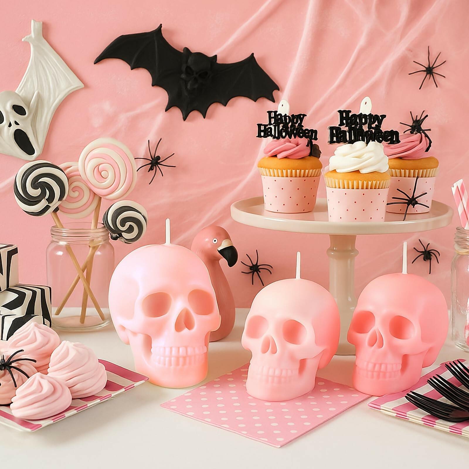Nuanchu Halloween Skull Candles 6 Pack Large Light Pink Pastel Paraffin Wax