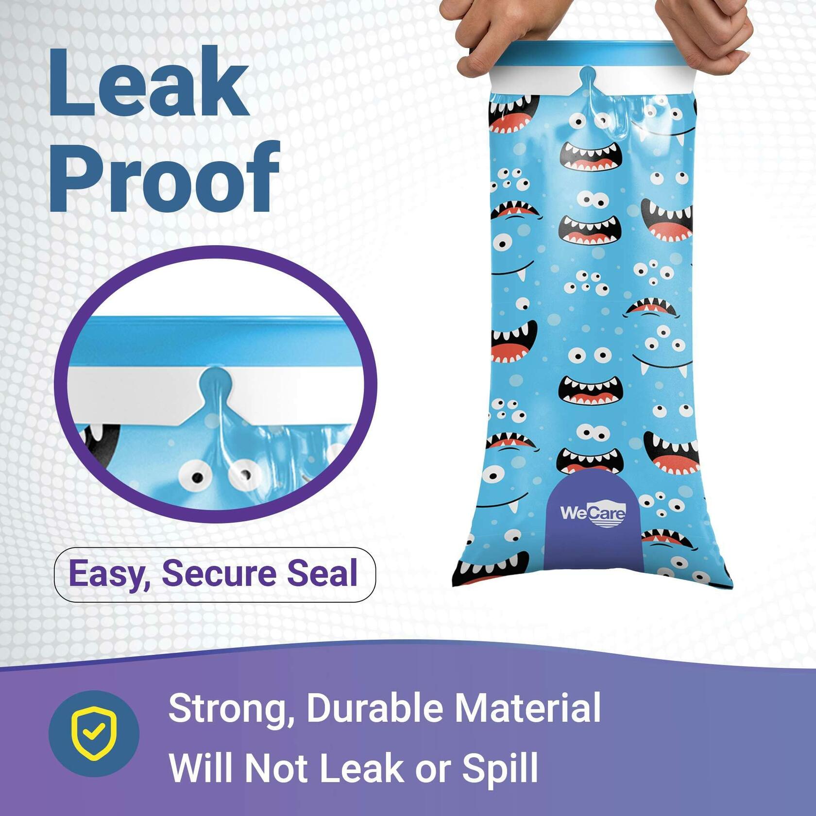 WECARE Kids Vomit Bags 5 Pack Disposable Leak Proof Self Sealing Monster Print