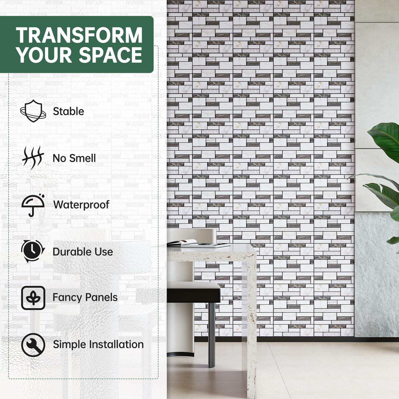 VallisCo 3D Faux Brick Wall Panel 12x12 Black White Marble 20 Pcs PVC