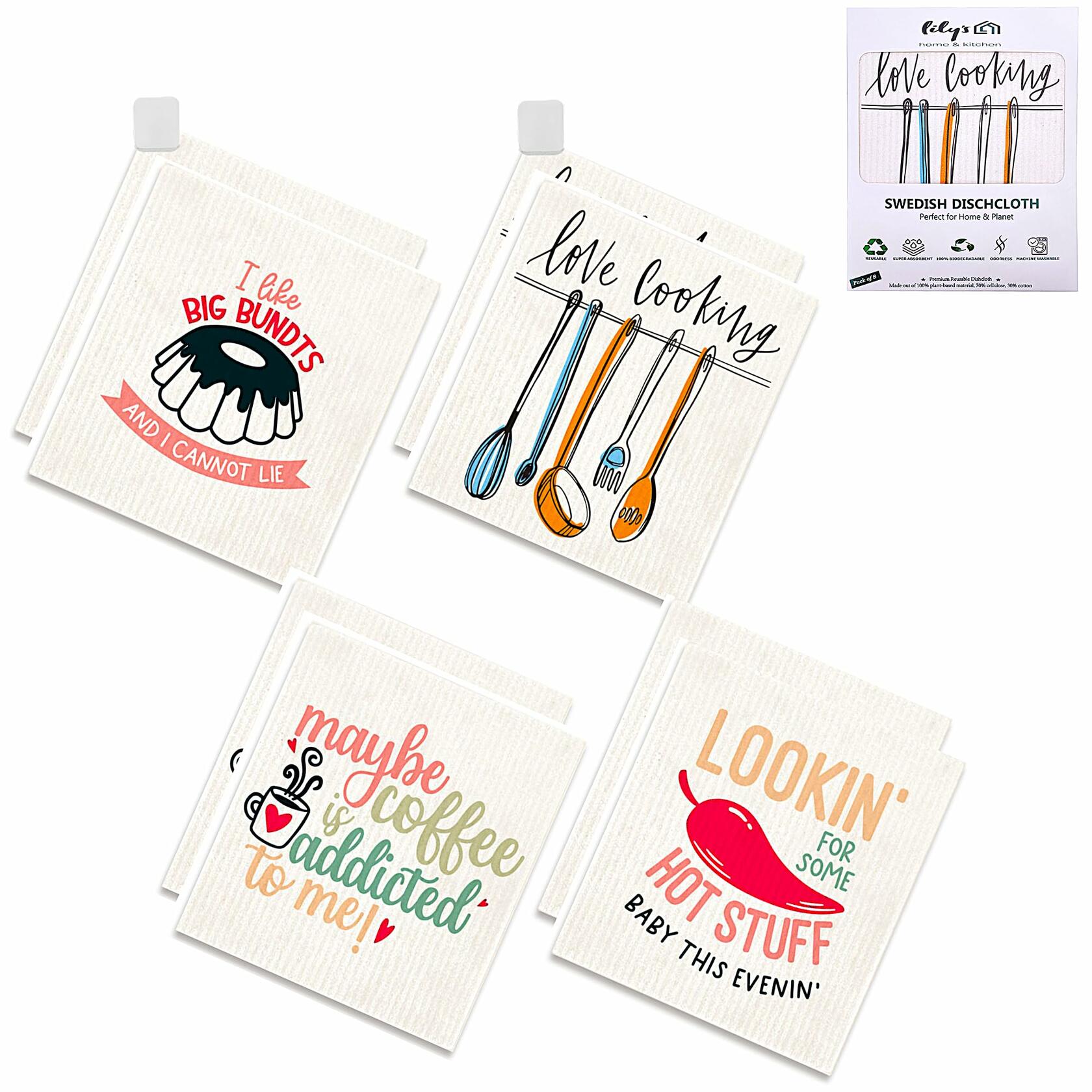 Lily's Home & Kitchen Swedish Dishcloths 8 Pack with 2 Clips Multi Color