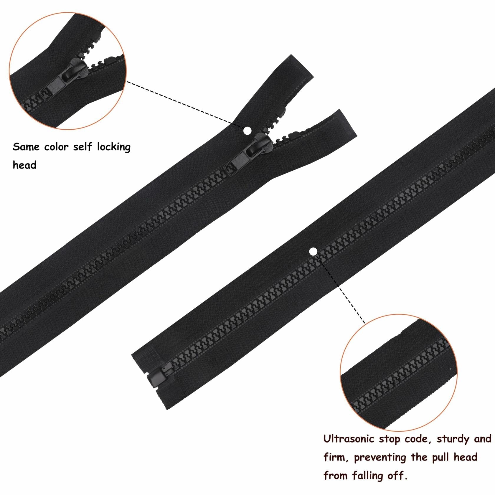 YAKA 4PCS #5 22in Separating Jacket Zippers Black Molded Plastic Size 22in