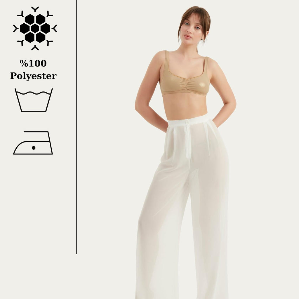 TUBANUR Women’s Chiffon Wide Leg Pants High Waist Palazzo Summer White XS