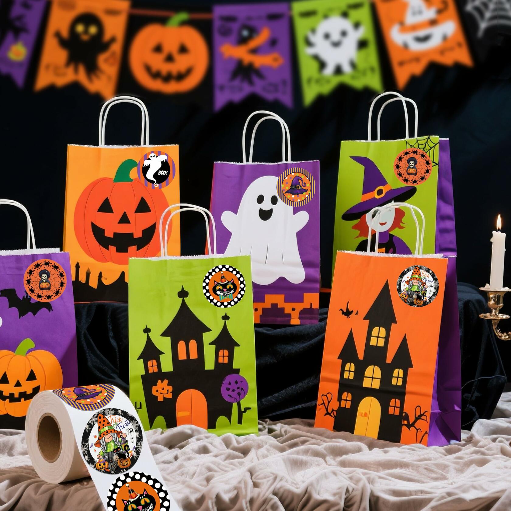 ZAEW Halloween Sticker Roll 500pcs 1.5" Gnome Pumpkins Cats Ghost Colored