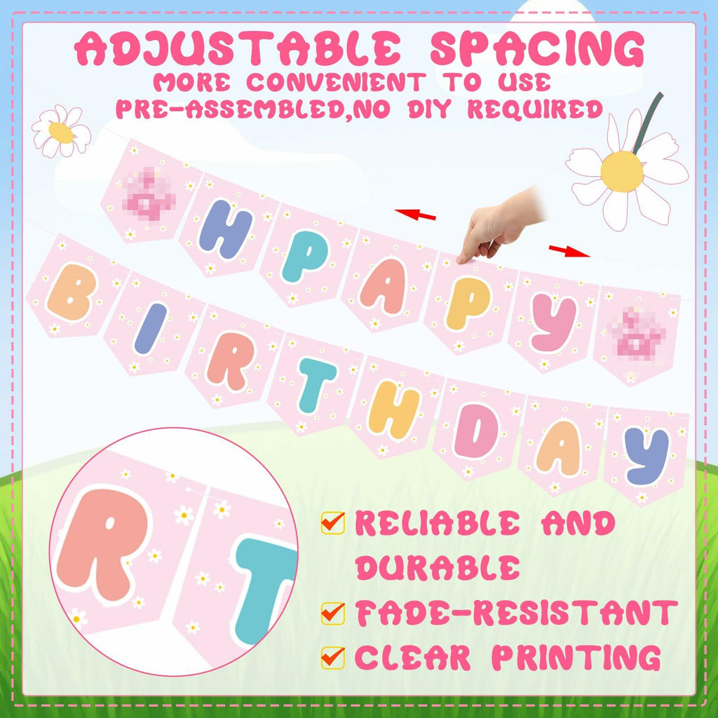 Marspark Blue Dog Birthday Banner with Daisy Flowers Pastel Colorful