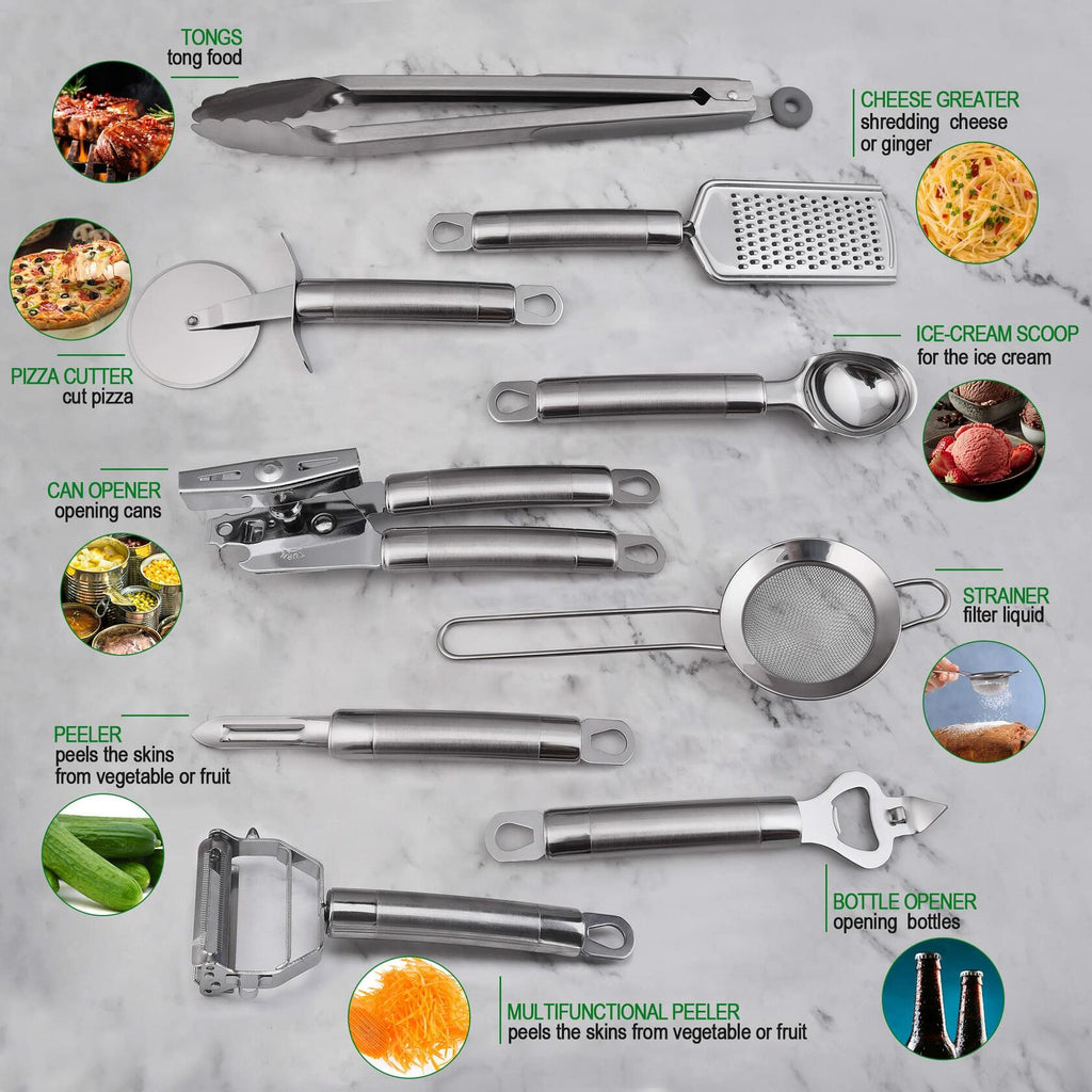 StnKitchExplor Stainless Steel Utensil Set 28 Pcs Cooking Tools Silver Holder