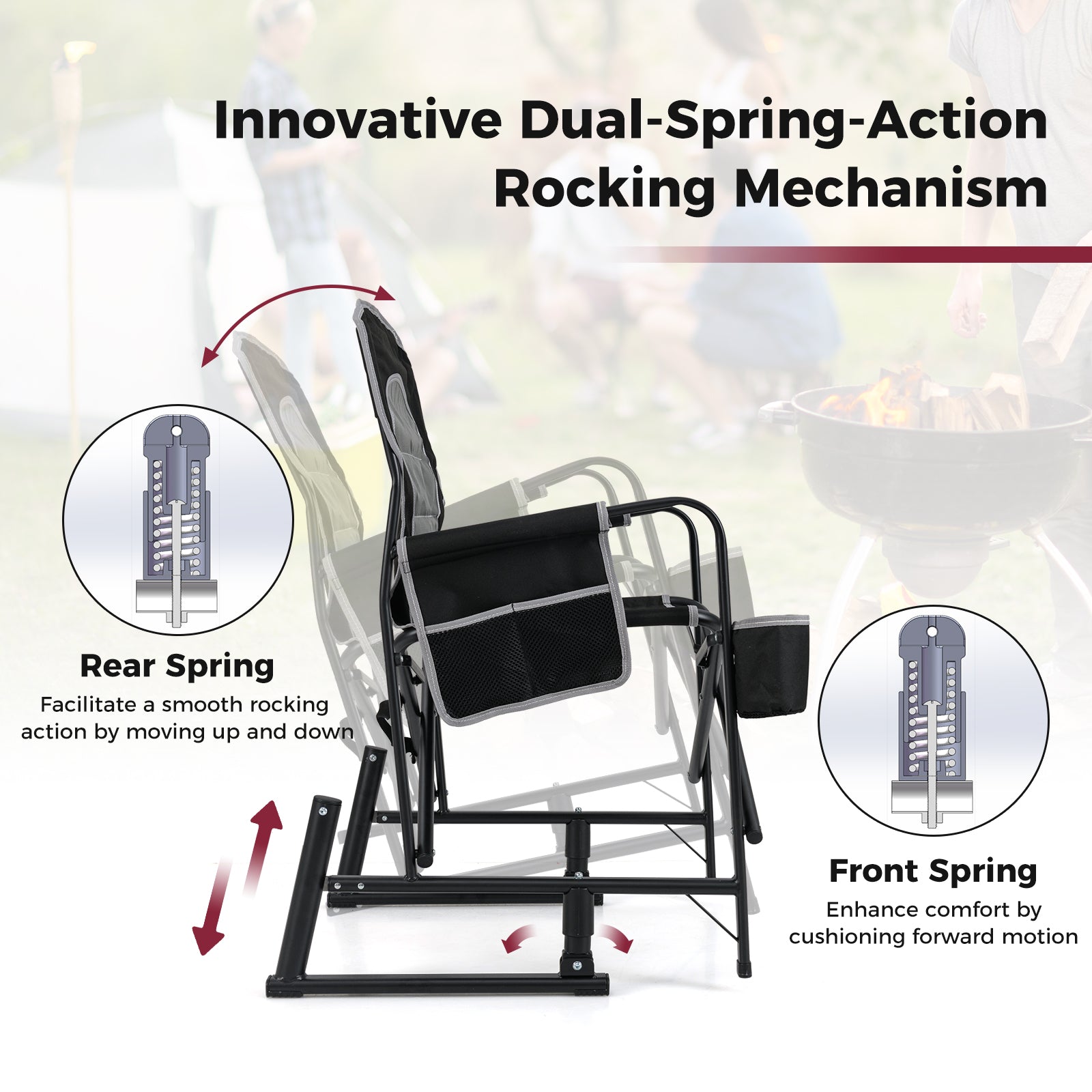 Outdoor Rocker Camping Chair with Dual Springs and Padded Back