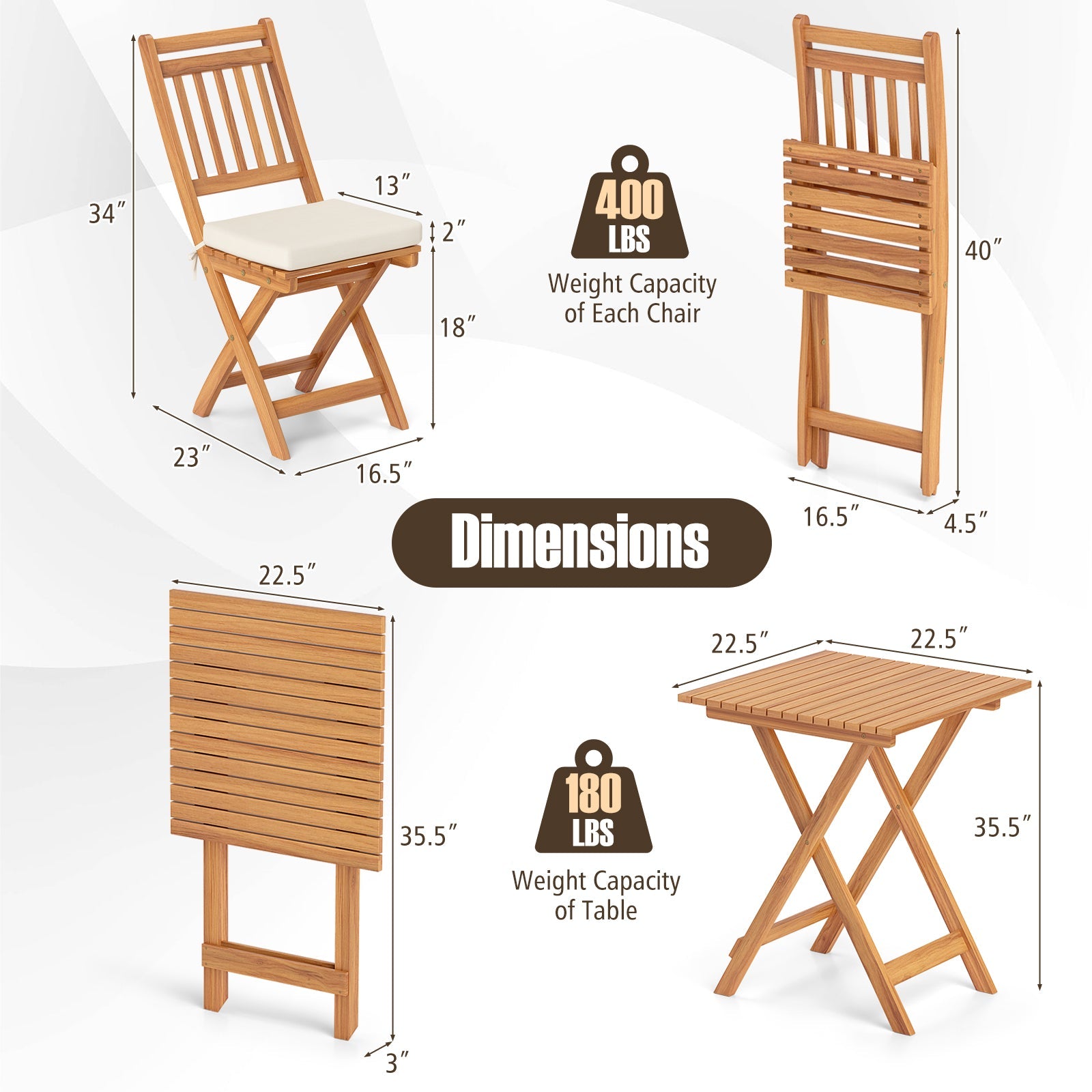 Outdoor Wood Bistro Set with Soft Seat Cushions and Table-White
