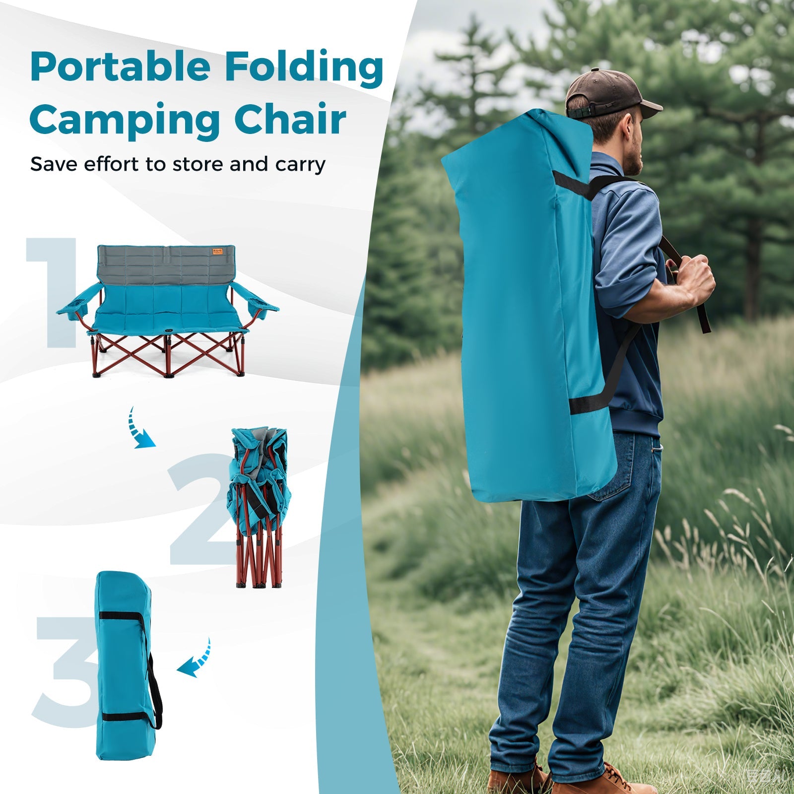 Oversized Camping Chair Folding Loveseat Camping Couch with Cup Holders & Thick Padding