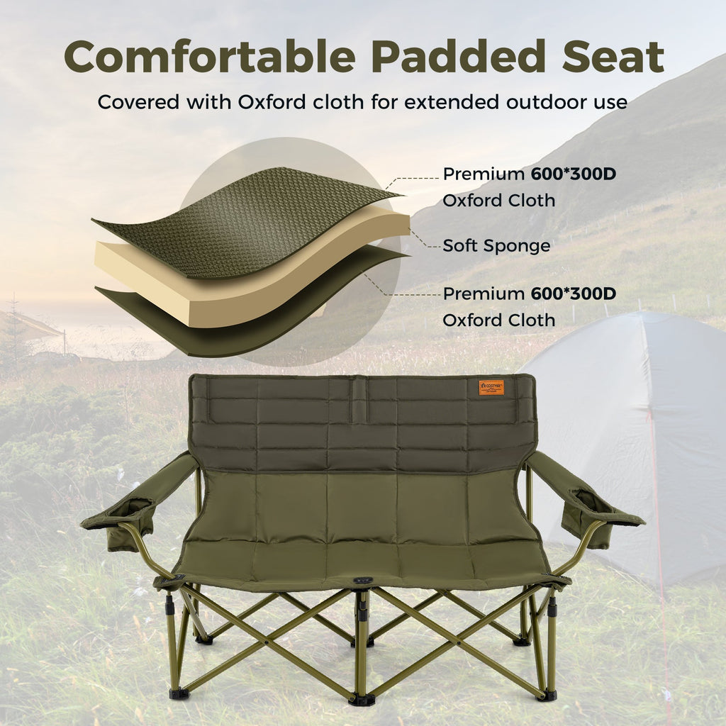 Oversized Camping Chair Folding Loveseat Camping Couch with Cup Holders & Thick Padding