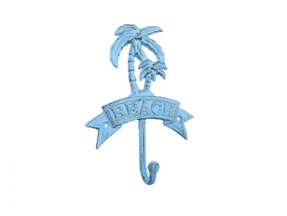 Rustic Light Blue Whitewashed Cast Iron Palm Tree Beach Hook 8""