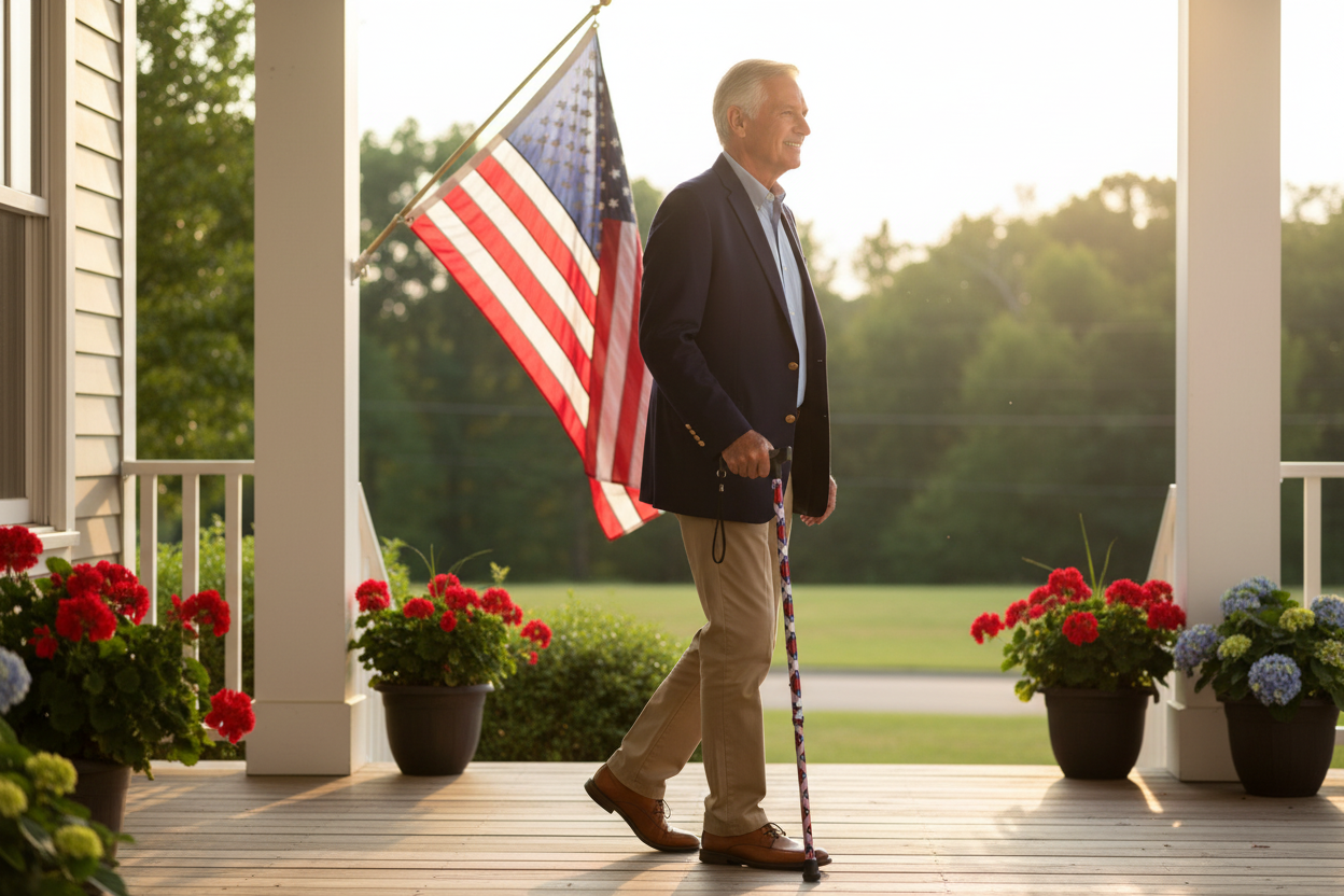 Comfort Grip Patriotic USA Aluminum Cane - Adjustable Walking Stick for Men & Women, 300 lbs Capacity