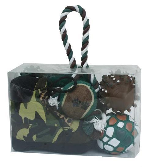 Pet Life ® 'Hunter Themed' 8 Piece Jute Rope and Rubberized Squeak Chew Pet Dog Toy Gift Set