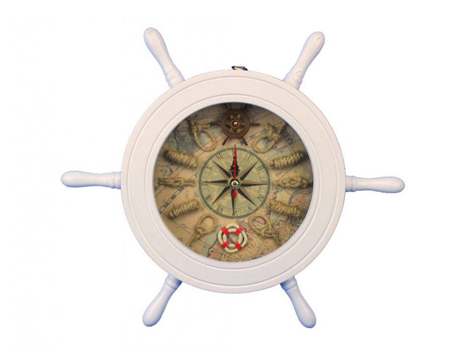 Wooden White Ship Wheel Knot Faced Clock 12""