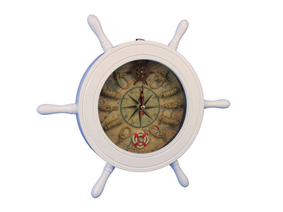 Wooden White Ship Wheel Knot Faced Clock 12""