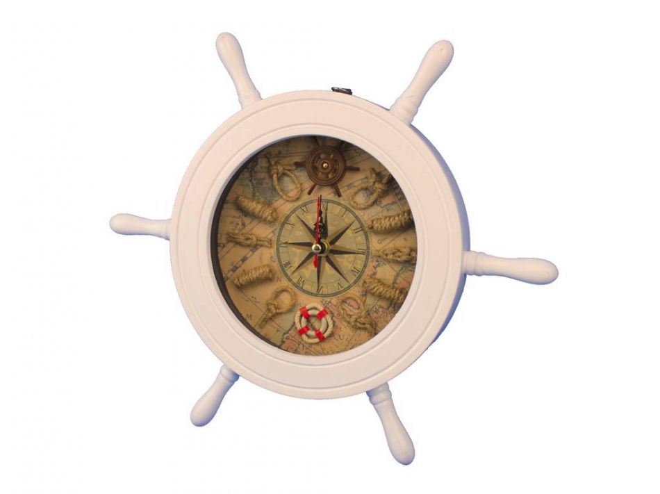 Wooden White Ship Wheel Knot Faced Clock 12""