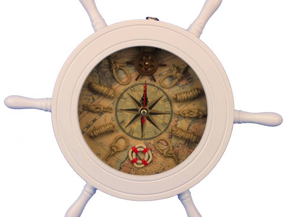 Wooden White Ship Wheel Knot Faced Clock 12""