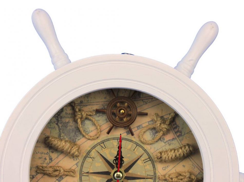 Wooden White Ship Wheel Knot Faced Clock 12""