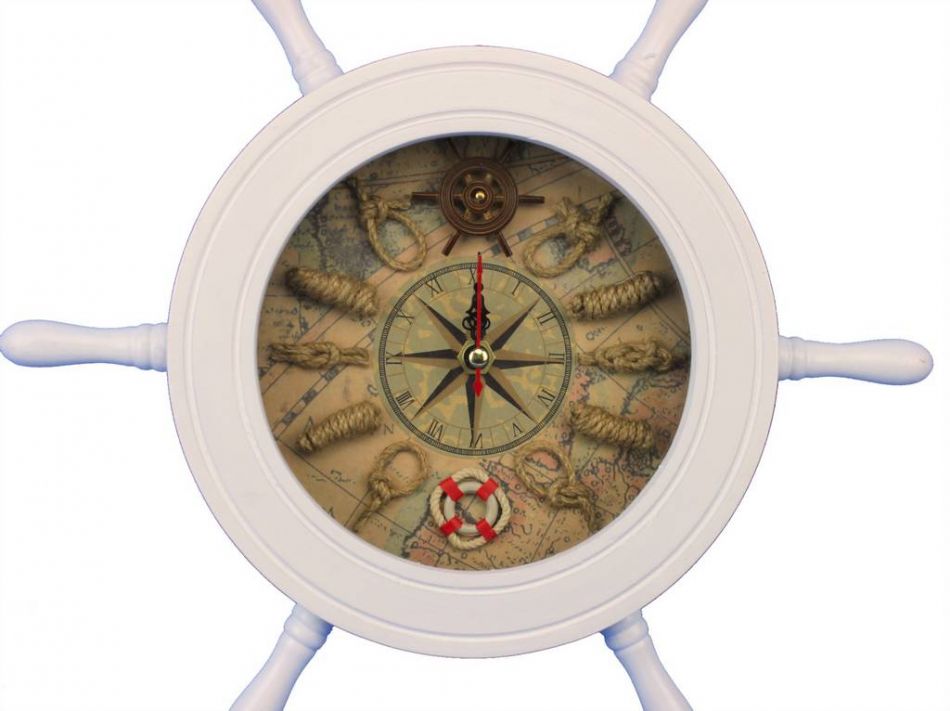 Wooden White Ship Wheel Knot Faced Clock 12""