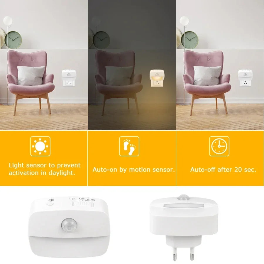 Plug - In Motion Sensor Night Light with Dusk - to - Dawn Sensor — Mini LED Nightlight for Bathroom, Hallway & Bedroom (EU/US Plug) - PhishStones Products