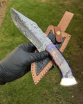 Premium Damascus Knife with Pine Corn Resin Handle & Protective Leather Sheath - PhishStones Products
