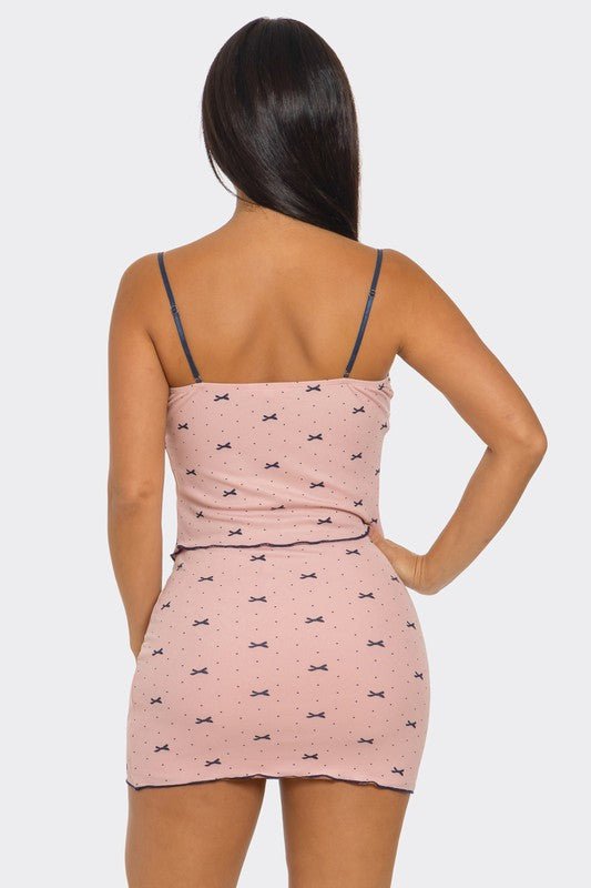 Pretty Bow Mini Skirt and Spaghetti Strap Top Set – Chic Two-Piece Outfit for Women