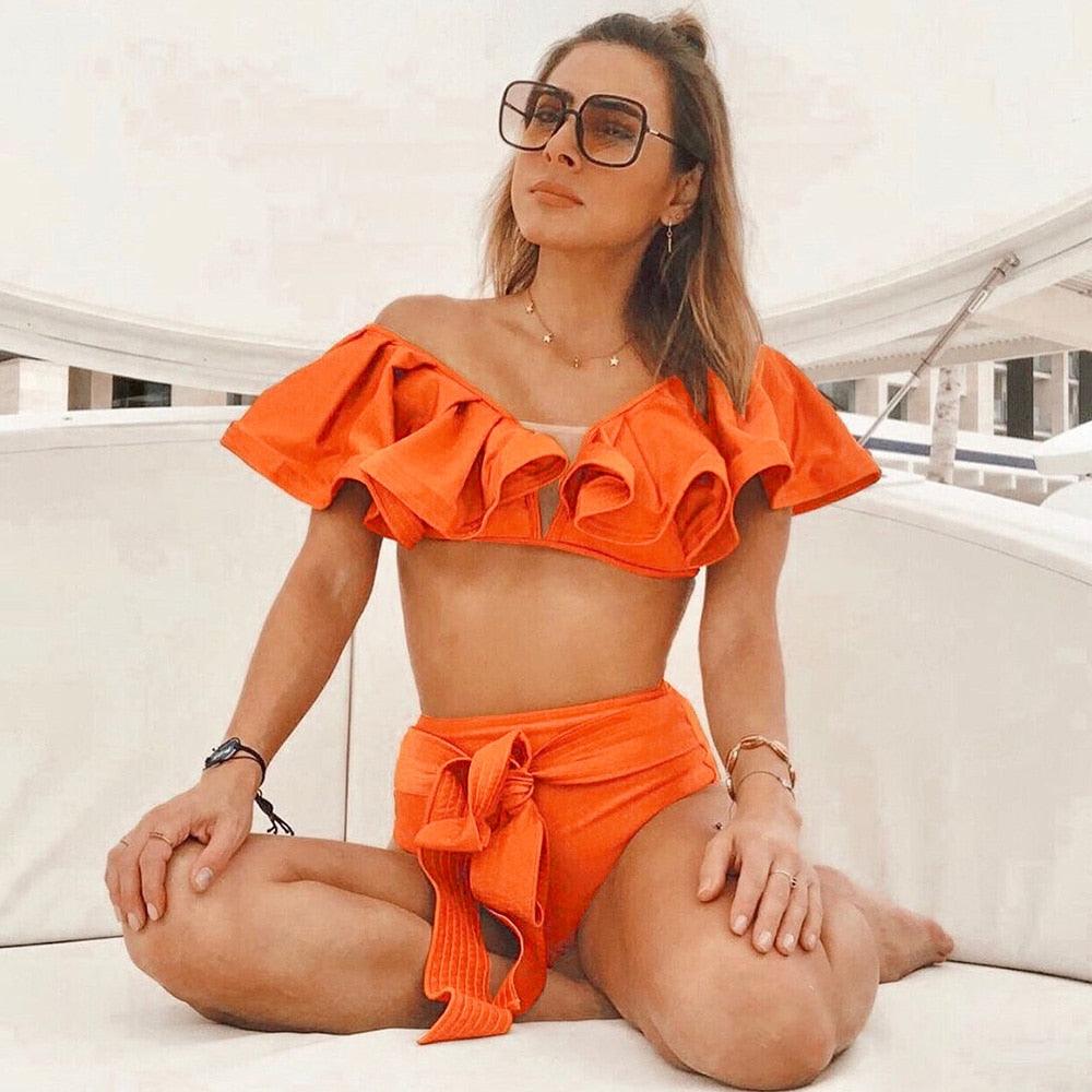 Two-Pieces Women Push-Up Padded Bra Ruffles Bandage Bikini Set Swimsuit Women's Bathing Suits Ruffles Flounce Bikini Sets Low Rise Two Piece Swimsuit Swimwear Bathing Suit Beachwear