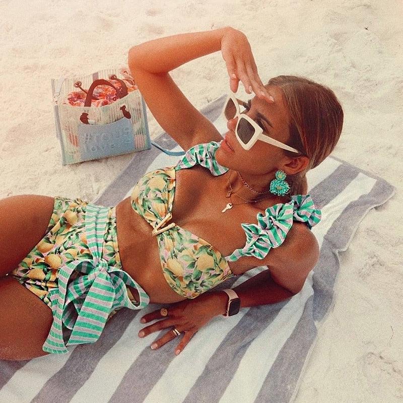 Two-Pieces Women Push-Up Padded Bra Ruffles Bandage Bikini Set Swimsuit Women's Bathing Suits Ruffles Flounce Bikini Sets Low Rise Two Piece Swimsuit Swimwear Bathing Suit Beachwear
