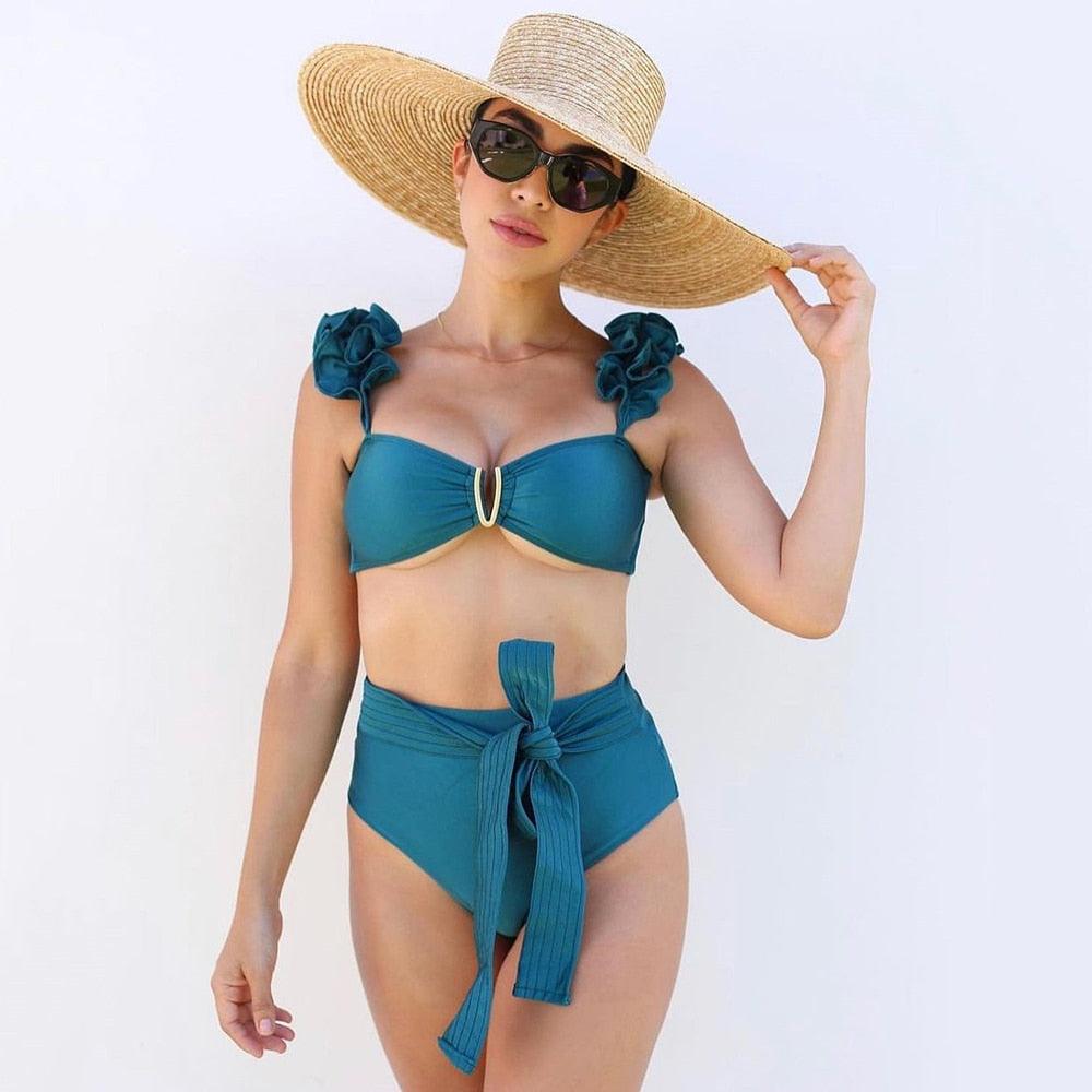 Two-Pieces Women Push-Up Padded Bra Ruffles Bandage Bikini Set Swimsuit Women's Bathing Suits Ruffles Flounce Bikini Sets Low Rise Two Piece Swimsuit Swimwear Bathing Suit Beachwear