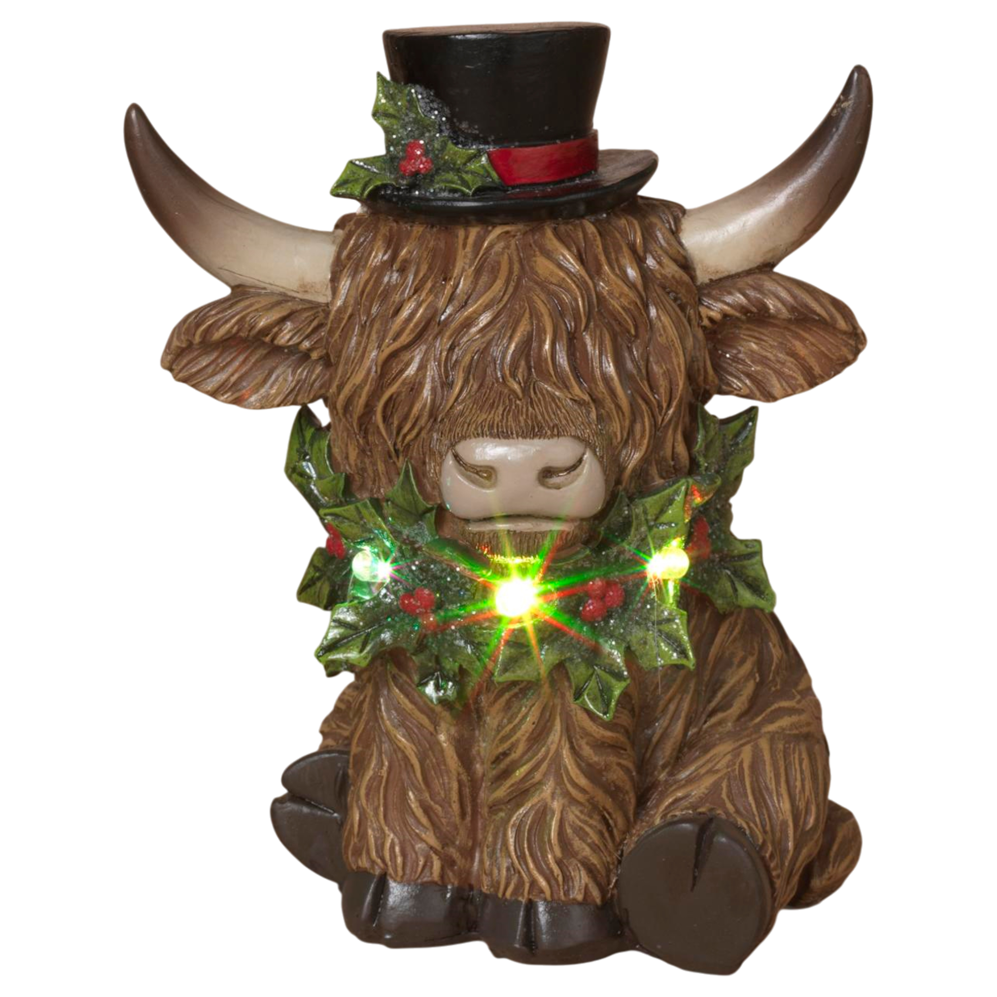 Lighted Resin Holiday Highland Cow in Top Hat