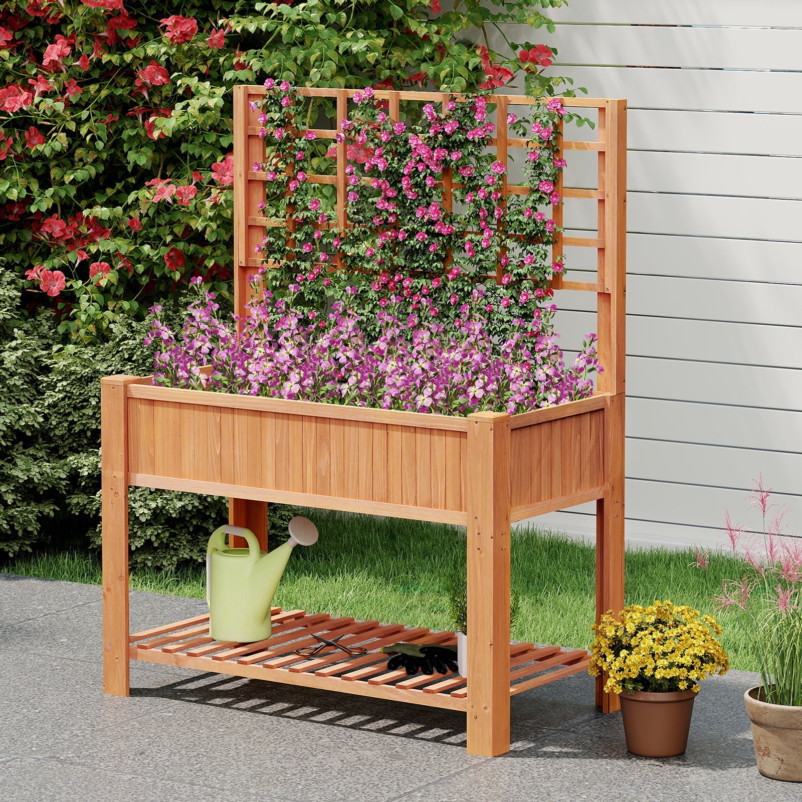 Raised Garden Bed with Trellis Wooden Elevated Planter Box with Legs