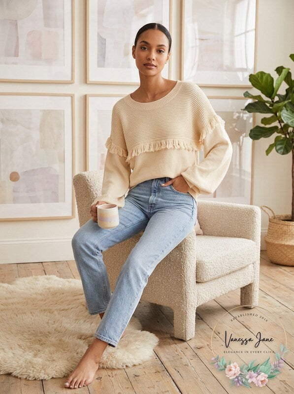 Joie Womens Beige Fringed Ribbed Pullover Sweater, Size XS