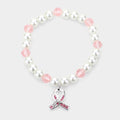 Rhinestone Embellished Pink Ribbon Charm Pearl Stretch Bracelet