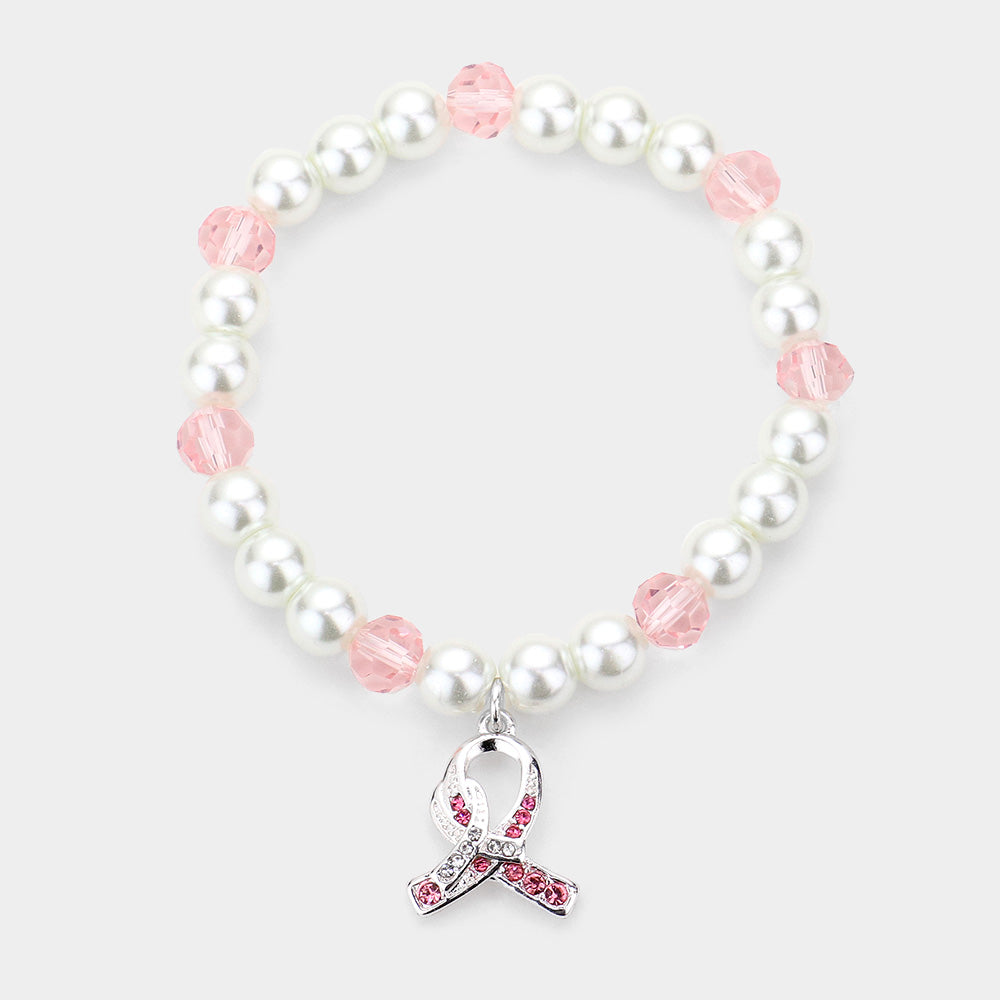 Rhinestone Embellished Pink Ribbon Charm Pearl Stretch Bracelet
