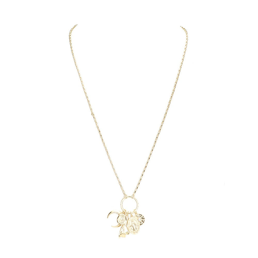 Rhinestone Moon Pinky Promise Virgin Mary Pendant Necklace